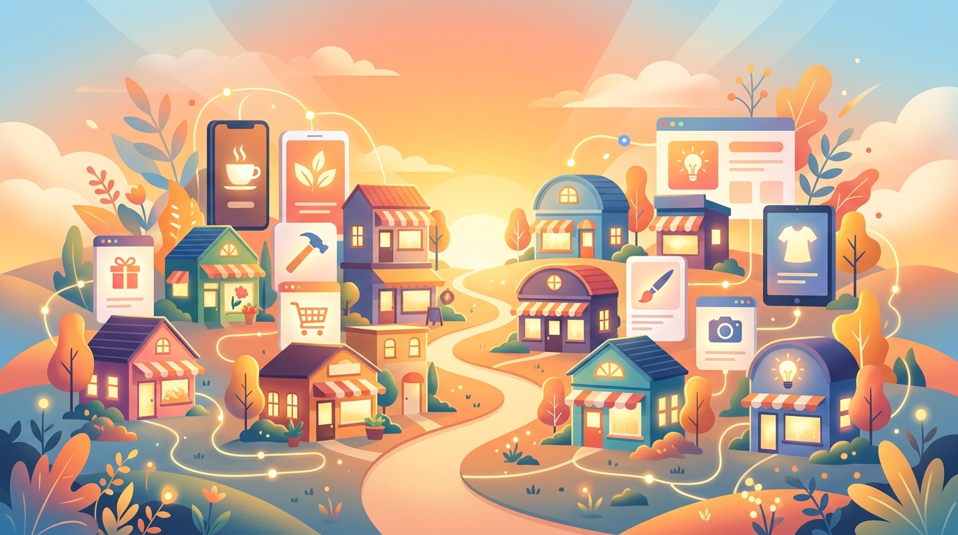 A bright cluster of small online storefronts and apps